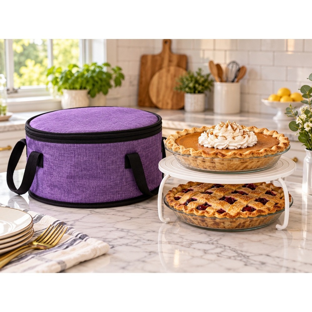 Insulated Double Pie Carrier Bag 2-Tier Rack Holds Two 9" Pies Purple Heather
